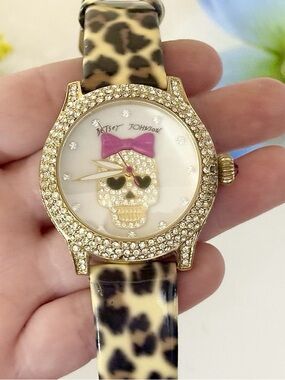 Betsey Johnson Sugar Skull Diamond Studded Crystal Leopard Print Watch WORKS!!